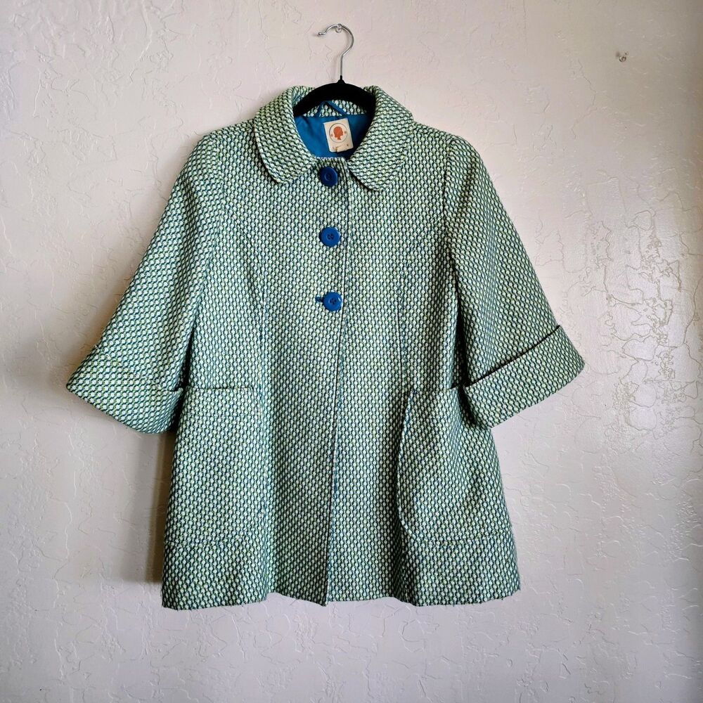 Tulle Jacket Women's S Green Anthropologie Button Front Mid-Length Lined Retro